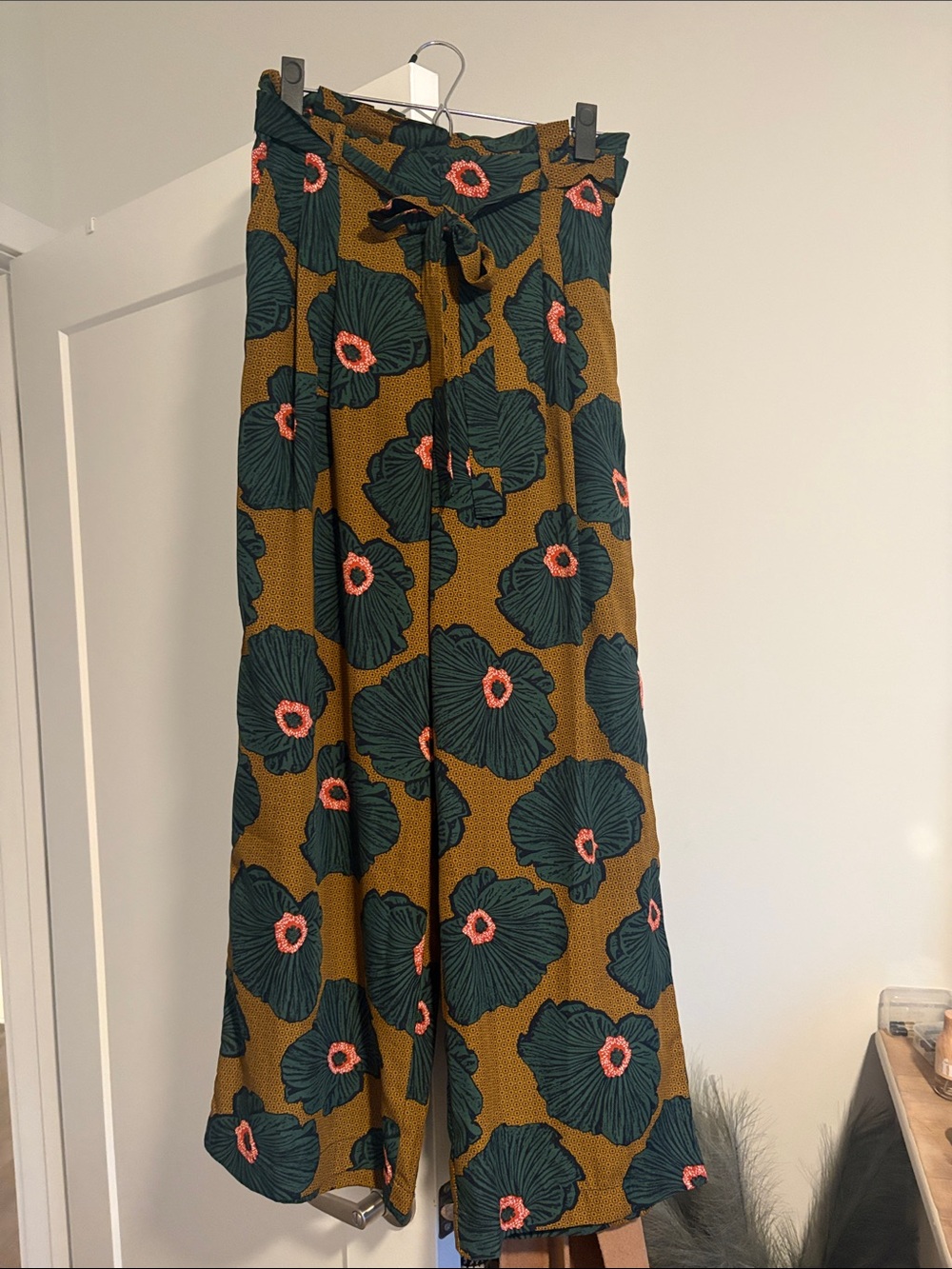 Skies Are Blue Wide Leg Floral Pants in Mustard, Dark Green & Pink